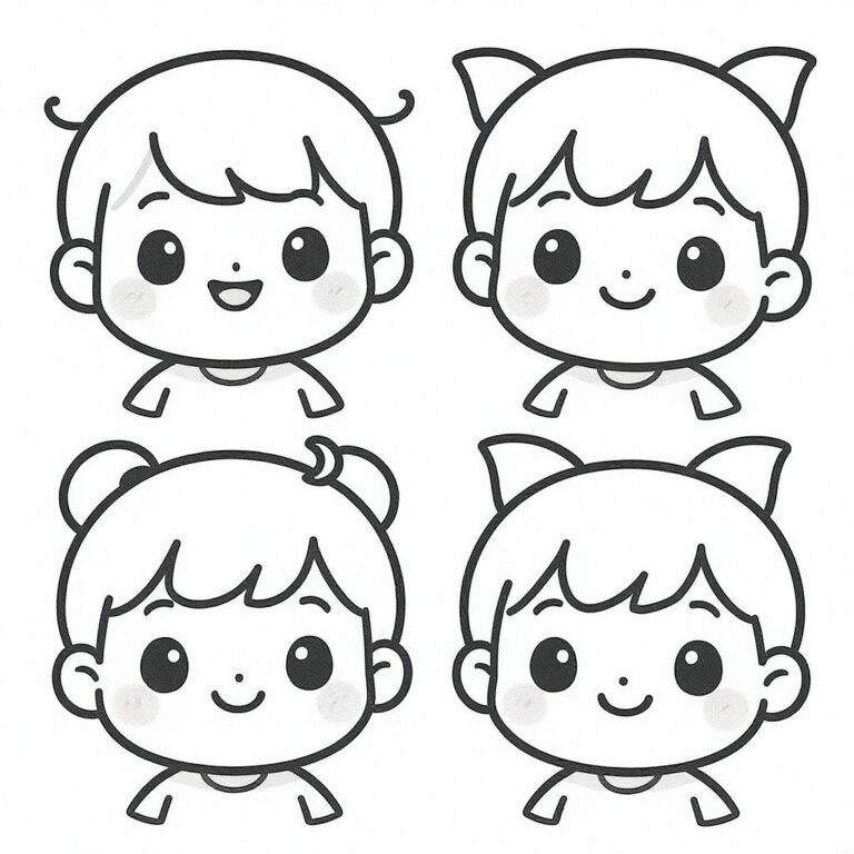 This coloring page features four cute faces.