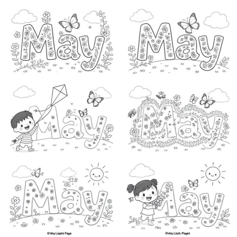 This coloring page features the word "May" written six times, decorated with butterflies, flowers, kites, and two kids .