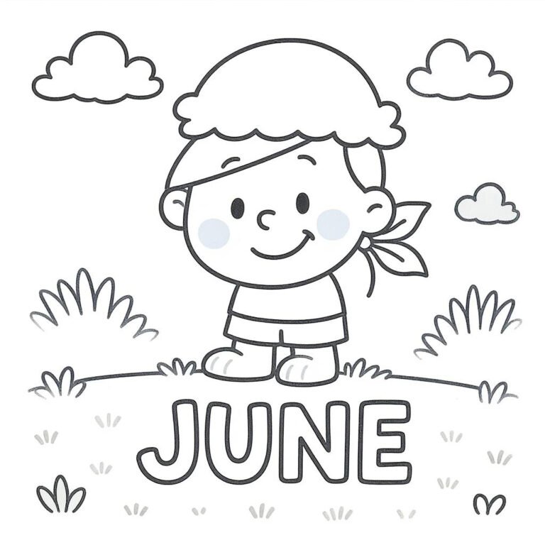 This coloring page features a young girl wearing a cap, with the word June written beneath her, surrounded by lush bushes and fluffy clouds.