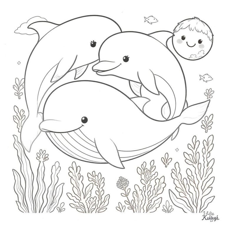 This coloring page features three dolphins swimming gracefully in an ocean.