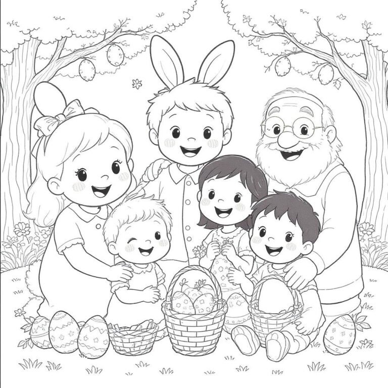 This coloring page features a family of six joyfully celebrating Easter together, with baskets full of Easter eggs.