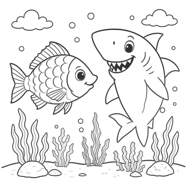 This coloring page features a fish and a whale swimming in the sea, surrounded by seaweed and water bubbles.