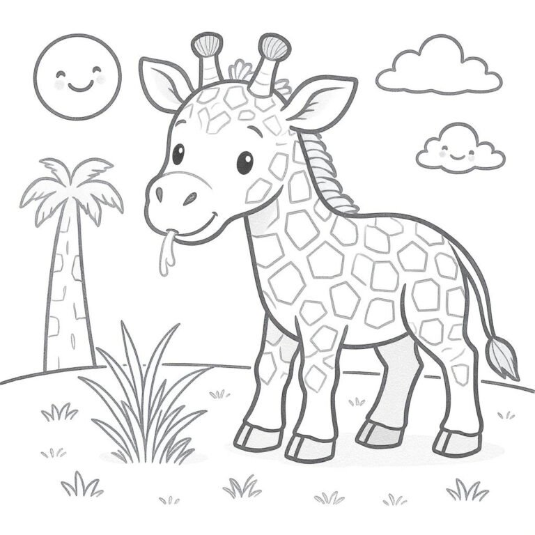 This coloring page features a gentle giraffe munching on fresh grass beneath fluffy, drifting clouds.