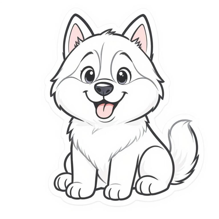 This coloring page features a fluffy and playful Pomeranian dog with a thick coat and alert expression.