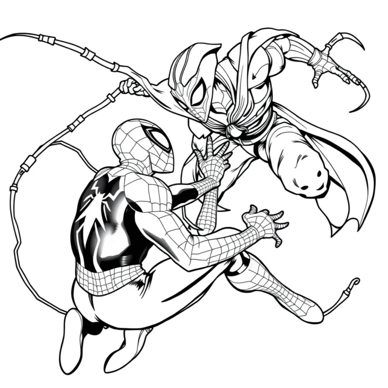 This coloring page features Spider-Man and Green Goblin having a very intense face-off mid-air.