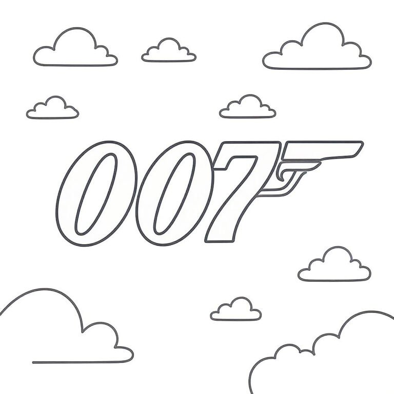 This coloring page features the 007 logo paired with simple clouds and spy-related icons, ideal for easy coloring fun.