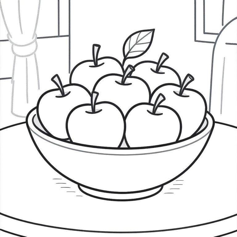 This Apple coloring page contains a dining table with a bowl of 7 Apples.