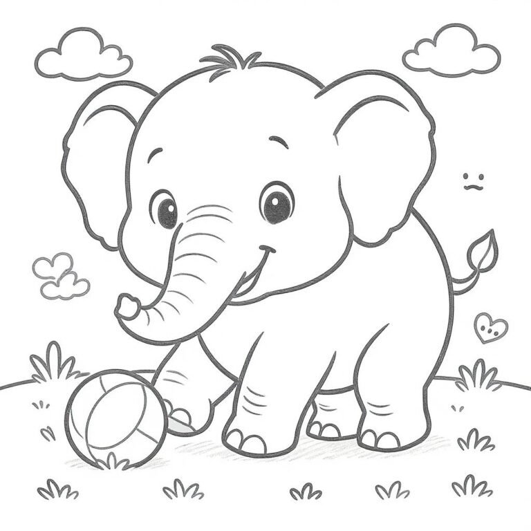 This coloring page features an elephant playing ball beneath fluffy clouds.