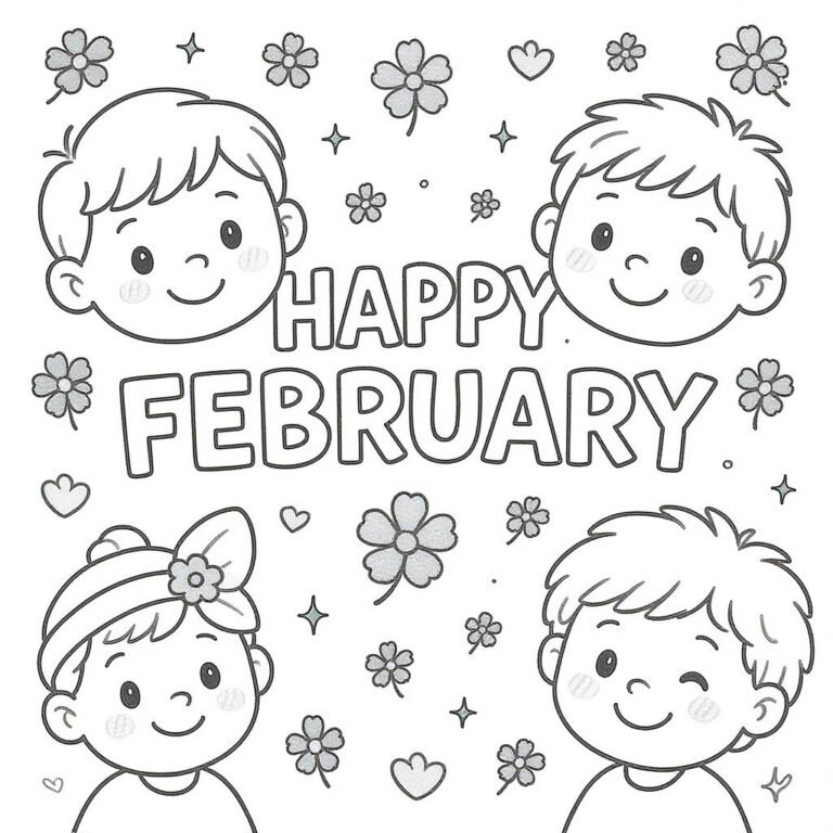 This coloring page features the phrase "HAPPY FEBRUARY" written at the center of four kids faces, surrounded by flowers.