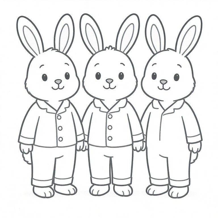 This coloring page features three adults bunnies standing in a picture worthy pose in their pajamas.