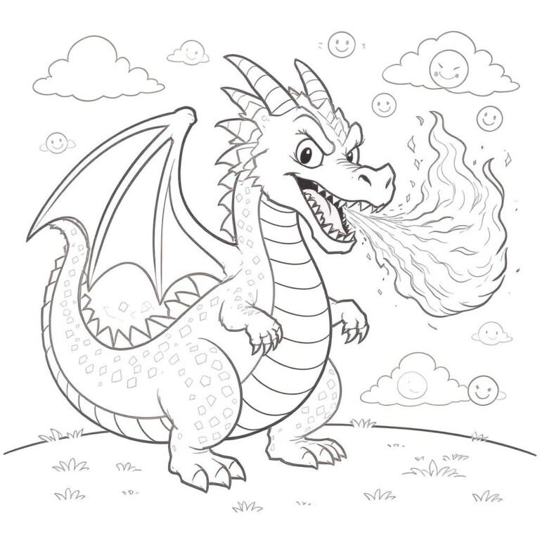 This coloring page features a dragon breathing out a stream of fire.