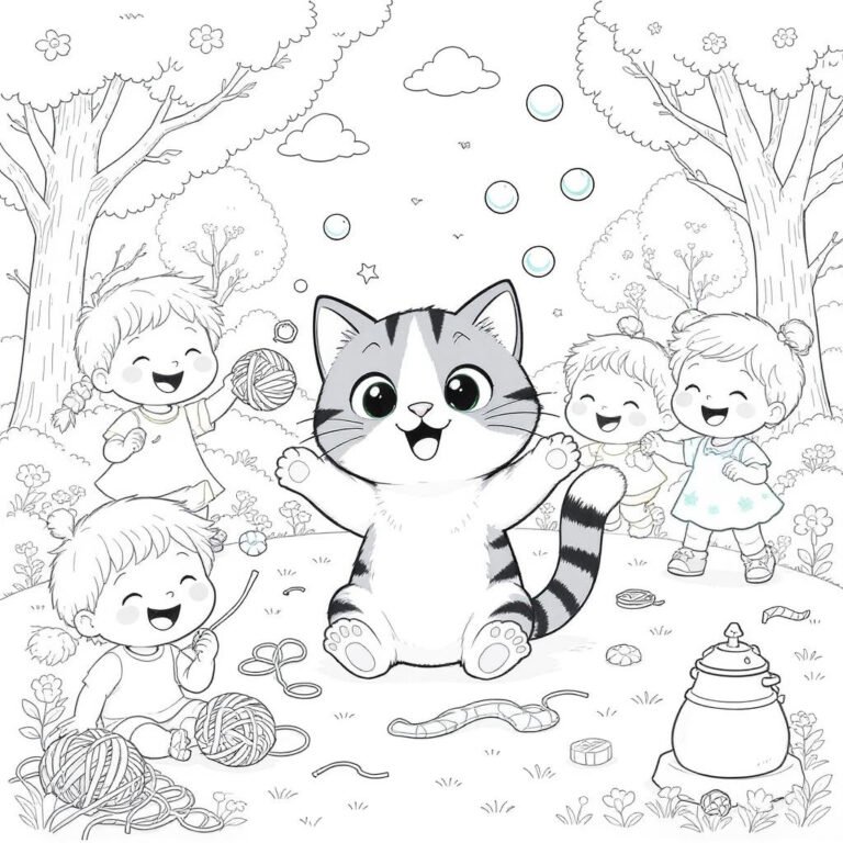 This coloring page features a cat in the midst of four happy kids.