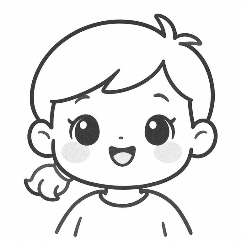 This coloring page features a little girl with her hair tied to the side.
