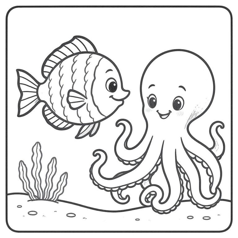 This coloring page features a fish and an octopus.