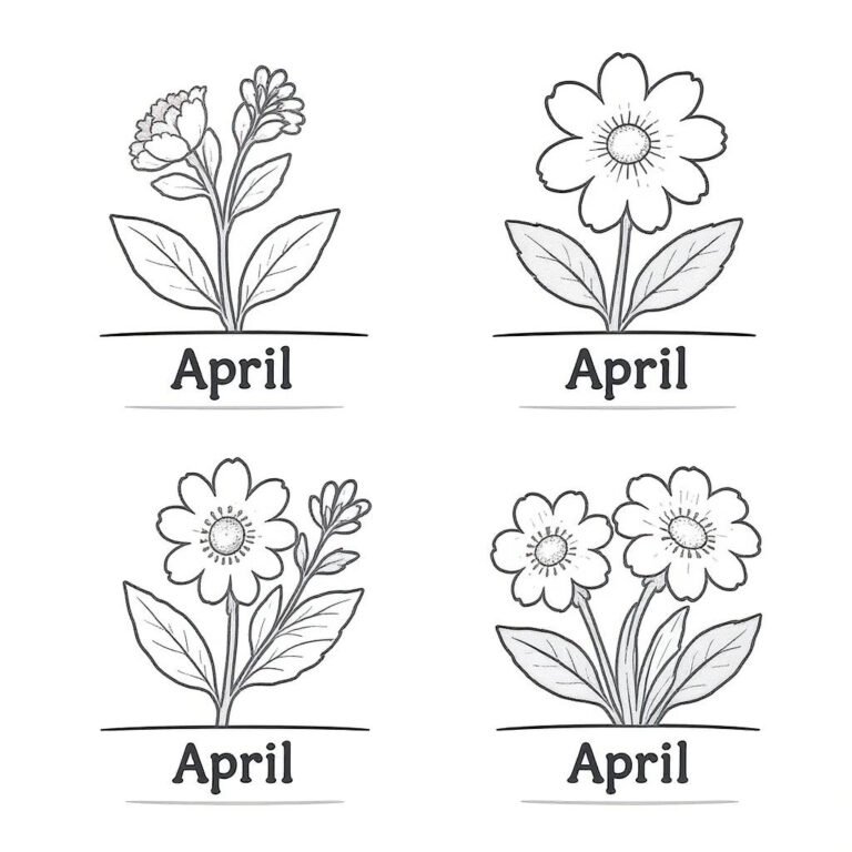 This coloring page features four flower illustrations arranged in boxes with the label "April" written in different fonts.
