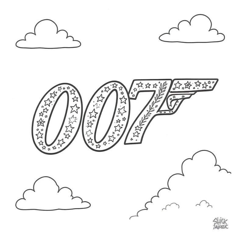 This coloring page features the 007 gun-barrel logo among scattered clouds in a clean and minimal design.