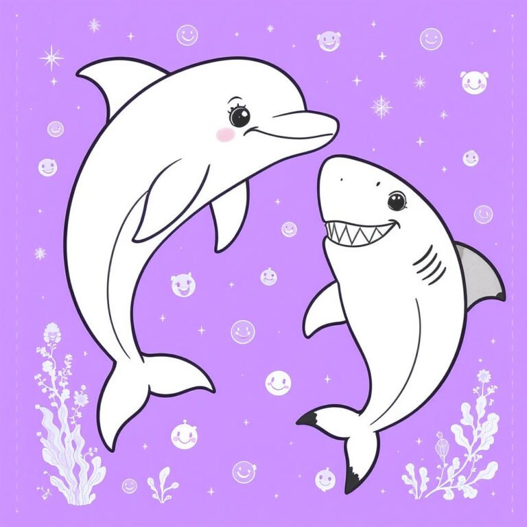 This coloring page features two dolphins swimming in a beautiful purple sea.