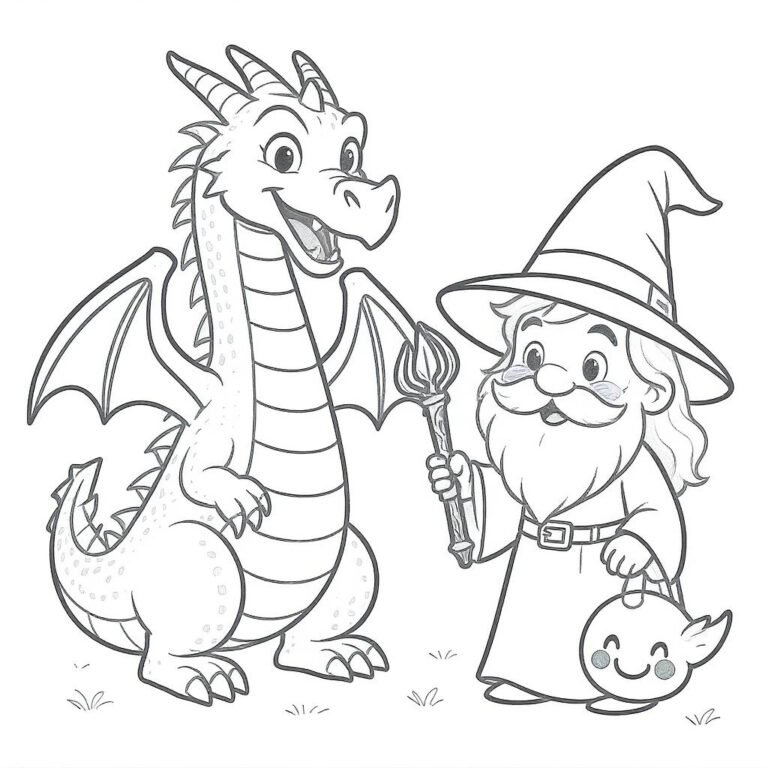 This coloring page features a dragon and a wizard.