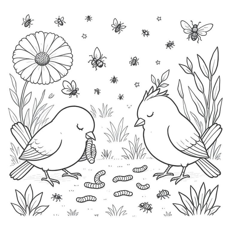 This coloring page features two birds surrounded by greens, insects and worms.