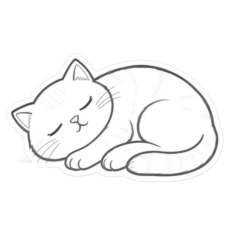 This coloring page features a peacefully sleeping cat.