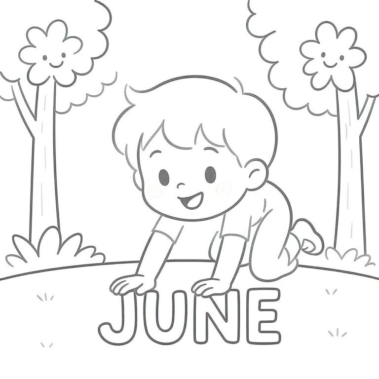 This coloring page features a young boy gazing at the word "June" below, surrounded by tall trees.