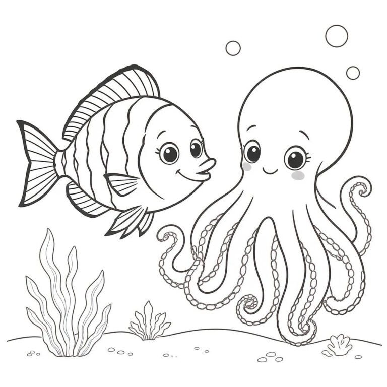 This coloring page features a fish and an octopus surrounded by seaweed in the ocean, with water bubbles rising around them.