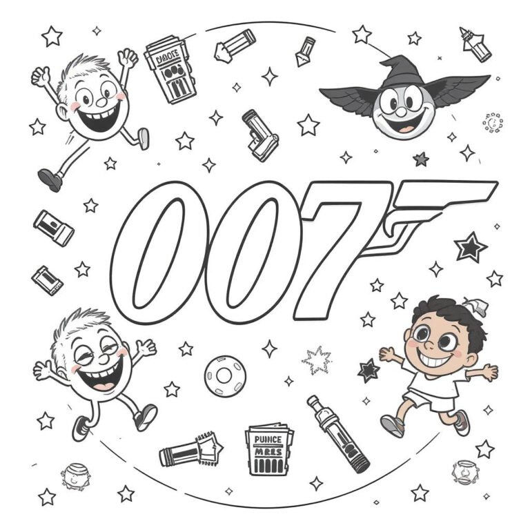 This coloring page features the 007 logo amidst a collection of spy gadgets, faces, weapons, and disguise tools.