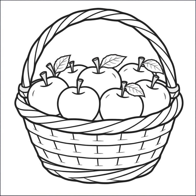 This Apple Coloring page features a basket of 7 apples with their stalks and in some cases a leaf.