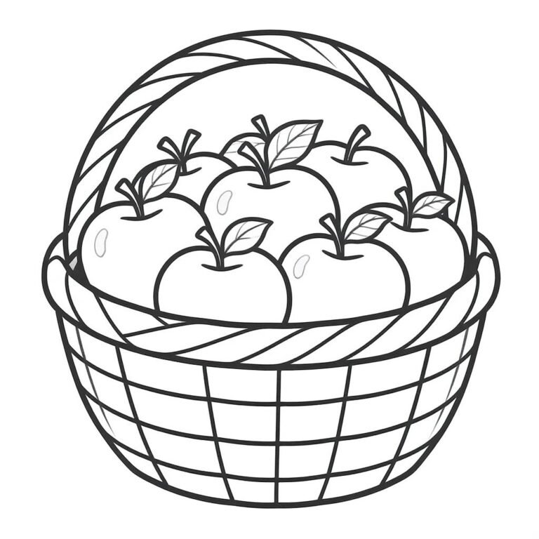 This coloring page features apples in a basket.