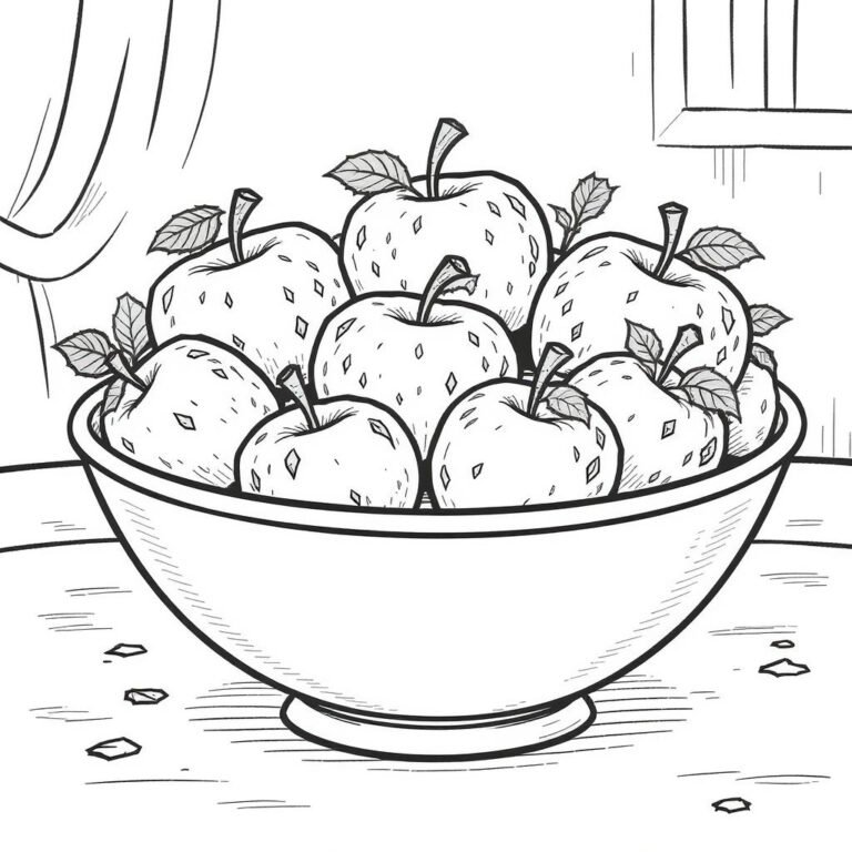 This apple coloring page features a dining bowl with 8 apples.