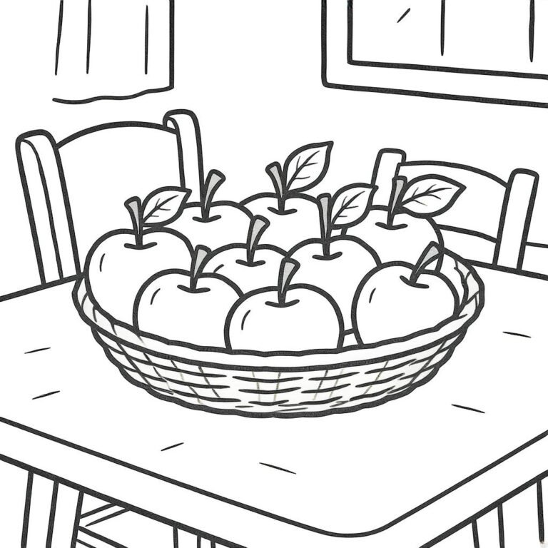This Apple coloring page features a dining table with 2 chairs and a basket of 9 Apples.