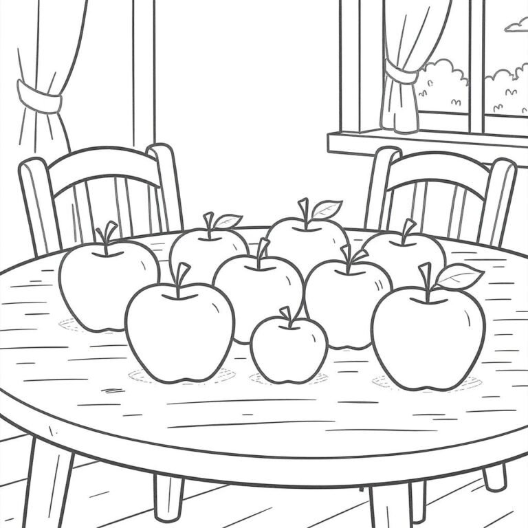 This coloring page features a dinning table full of apples.