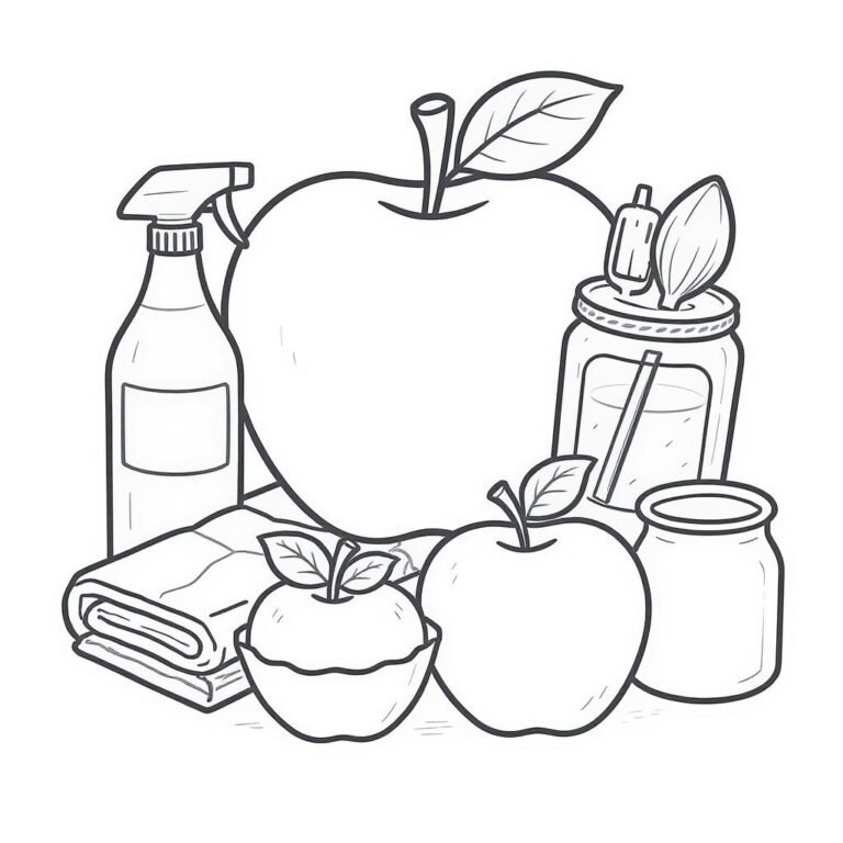 This coloring page features a big apple with household items.