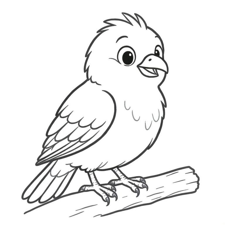 This coloring page features a happy little bird perched on a tree branch.