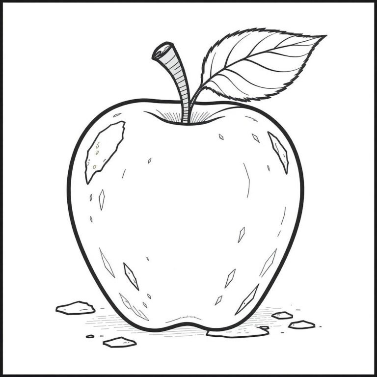 This coloring page features a slightly spoiled apple.