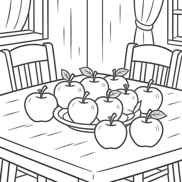 This coloring page features a table with a tray of apples.