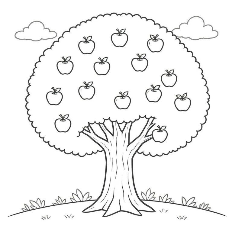 This apple coloring page includes an Apple tree on a hill with numerous Apples.