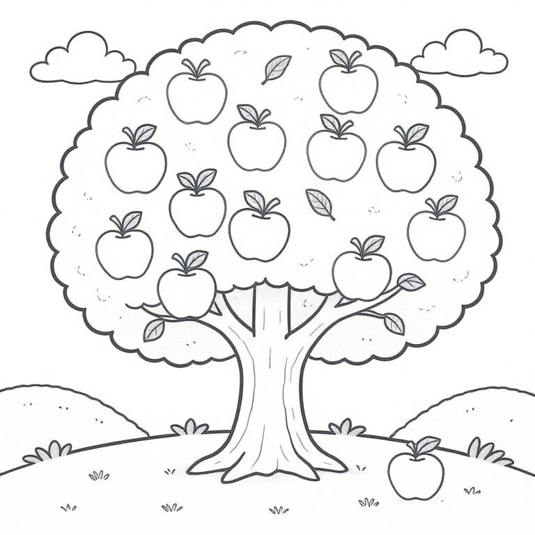 This coloring page features a tree full of apples.
