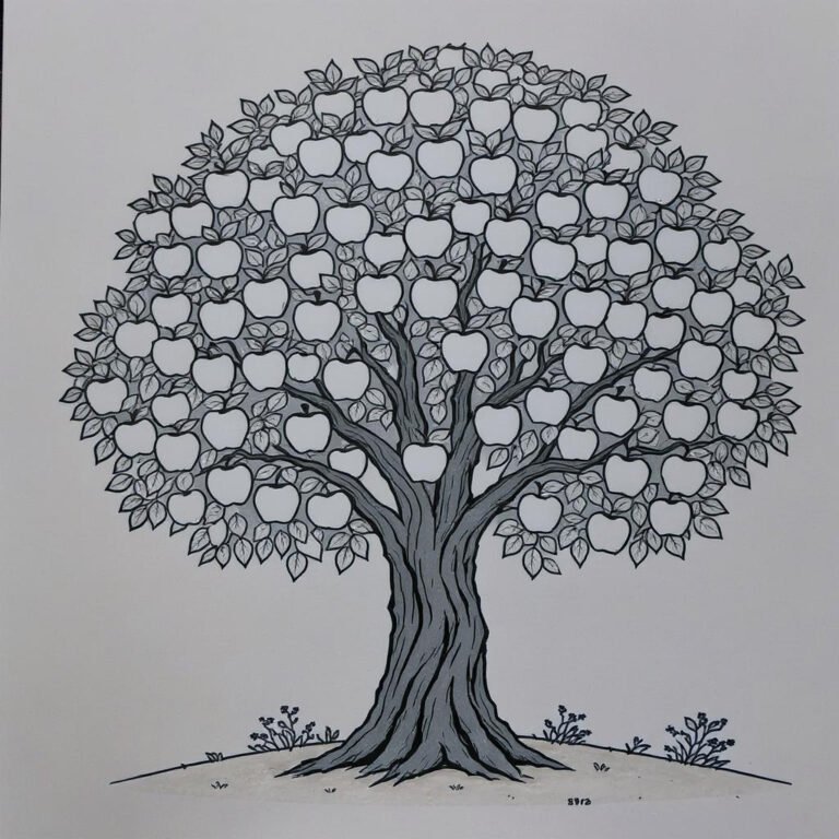 This coloring page features a tree full of apples.
