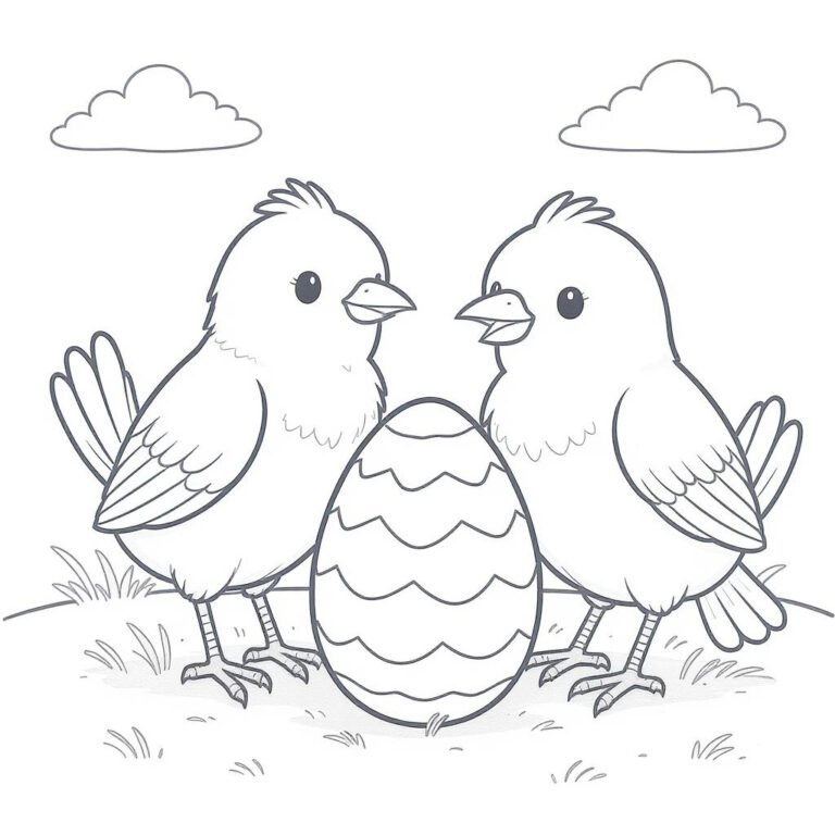 This coloring page features an egg nestled between two birds.