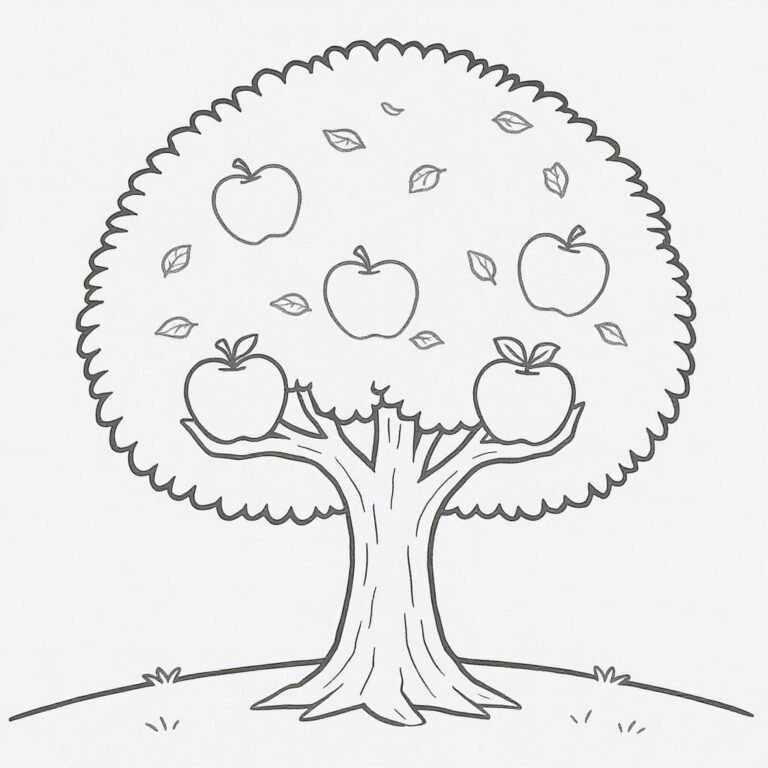 This coloring page features a tree on a hill with five apples.