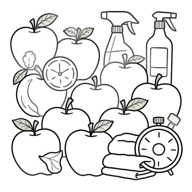 This coloring page features apples with household goods.