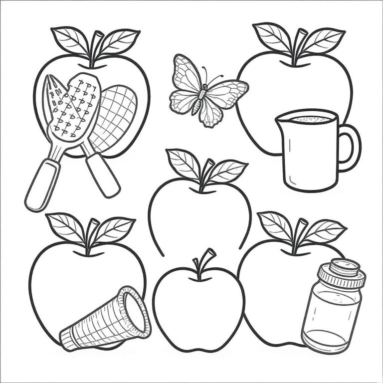 This Apple coloring page includes 7 apples, a mug, jar and other kitchen items.