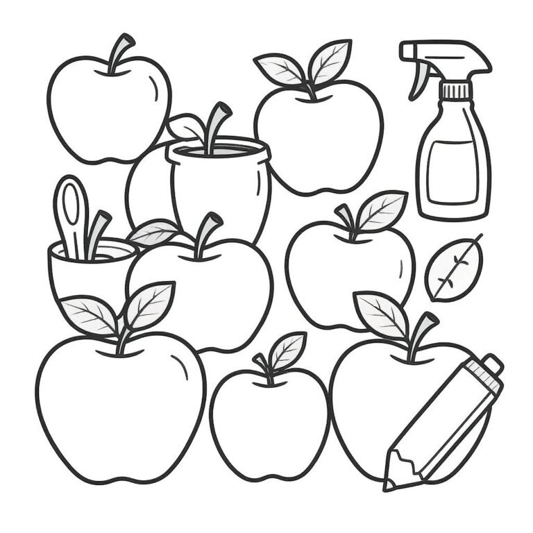 This coloring page features apples, vases and a pencil