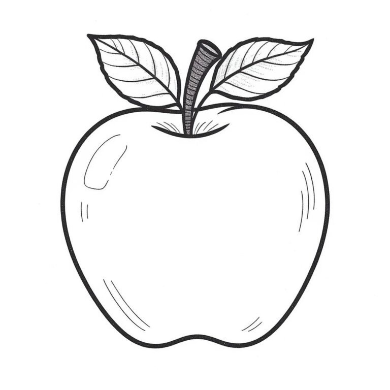 This apple coloring page features one apple with two min leaves sprouting out from the top.
