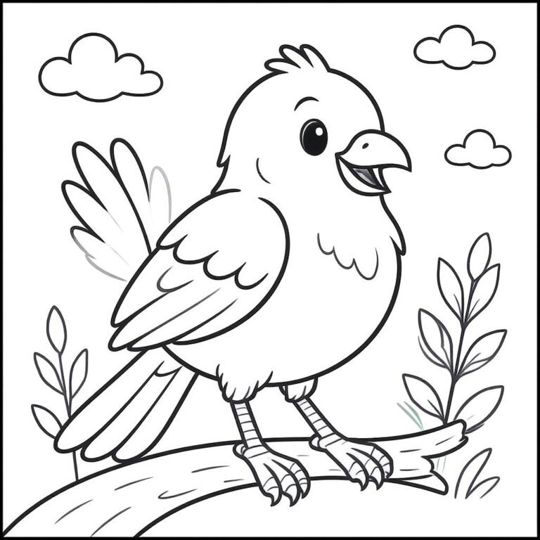This coloring page features a bird sitting on a tree branch.