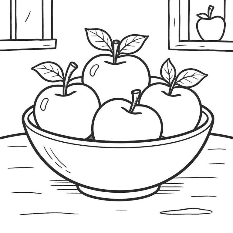 This apple coloring page features a bowl of 4 apples. 3 of the apples have leaves sprouting out of their top whilst the last simply has the stalk.