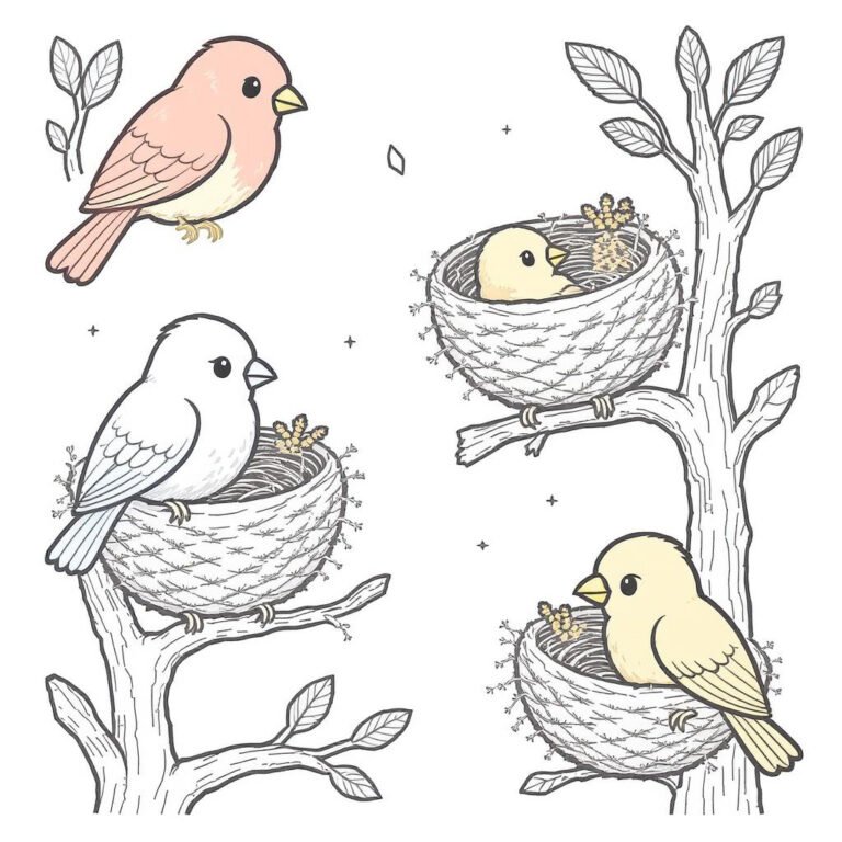This coloring page features four birds, with three birds in the nest.
