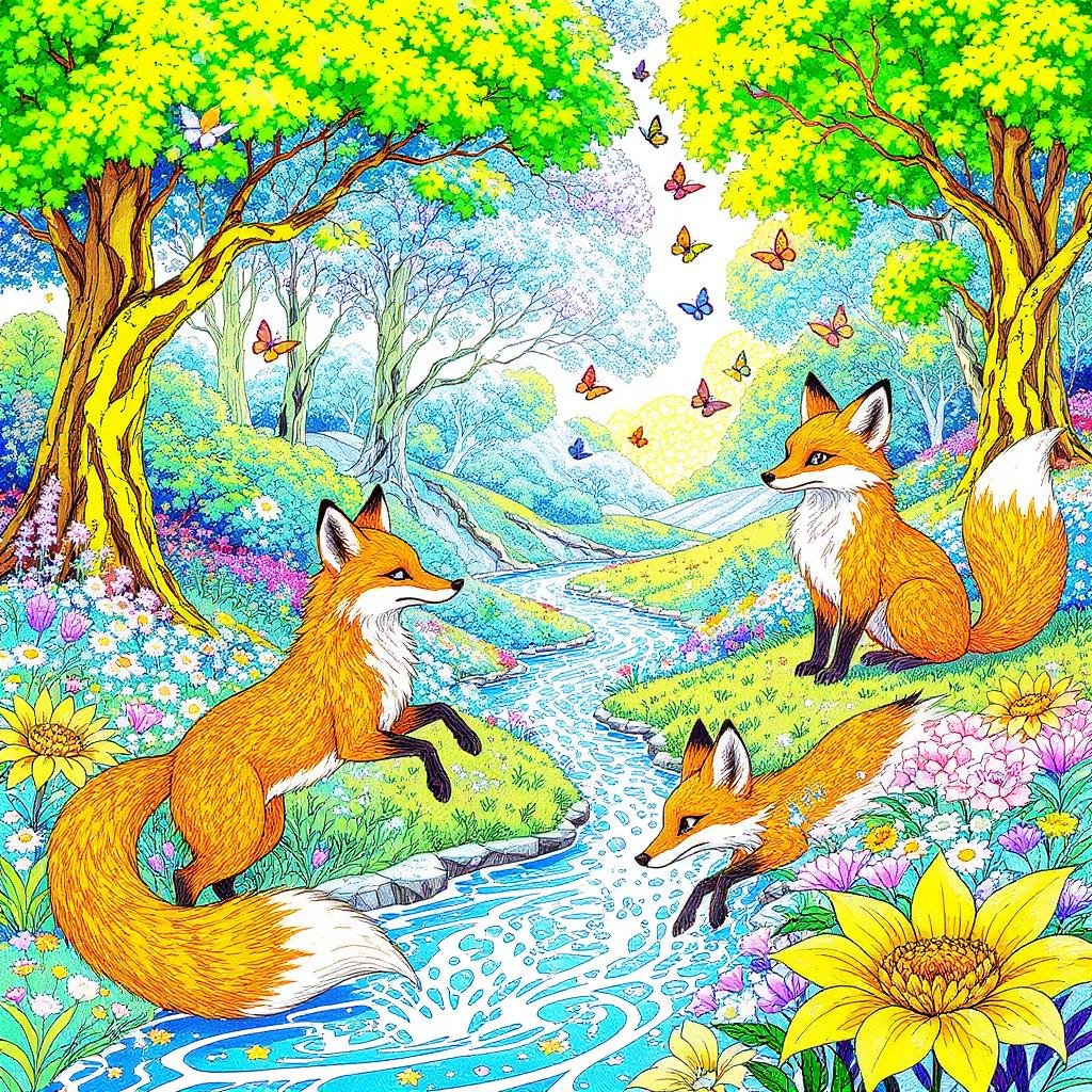 This coloring page features foxes in a beautiful serene forest.