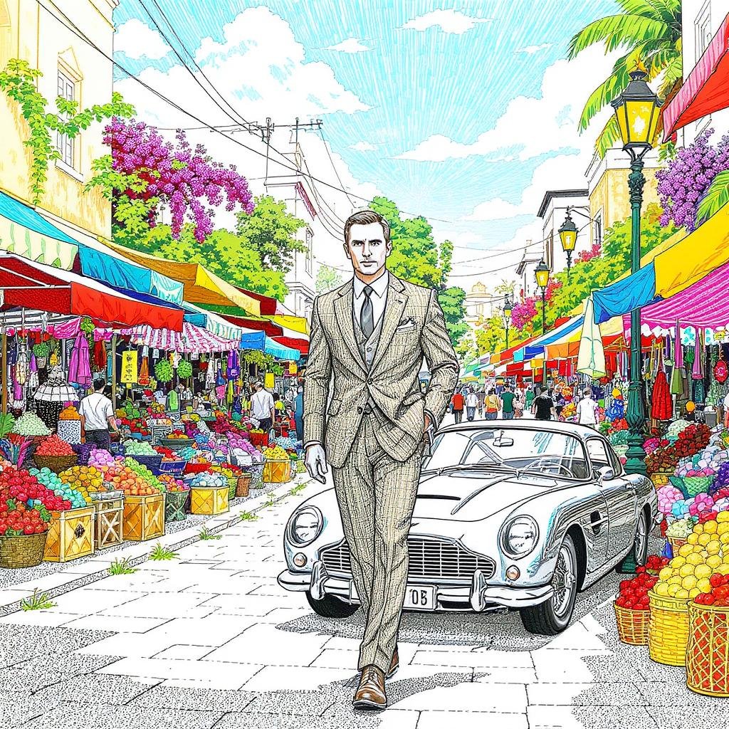 This coloring page features James Bond in a vintage taupe suit walking through a lively Mediterranean market, surrounded by colorful stalls, fresh produce, and a classic convertible.